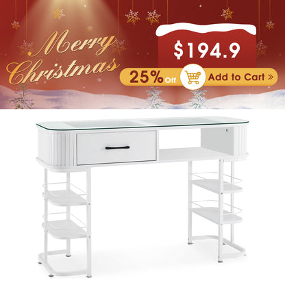 BarberPub Modern Minimalist Manicure Table, Acetone-Resistant Nail Tech Desk with Glass Top 2995