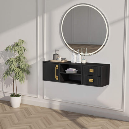 Black Fluted Wall Mounted Barber Station for Storage, Salon Beauty Cabinet with Golden Handle 2504
