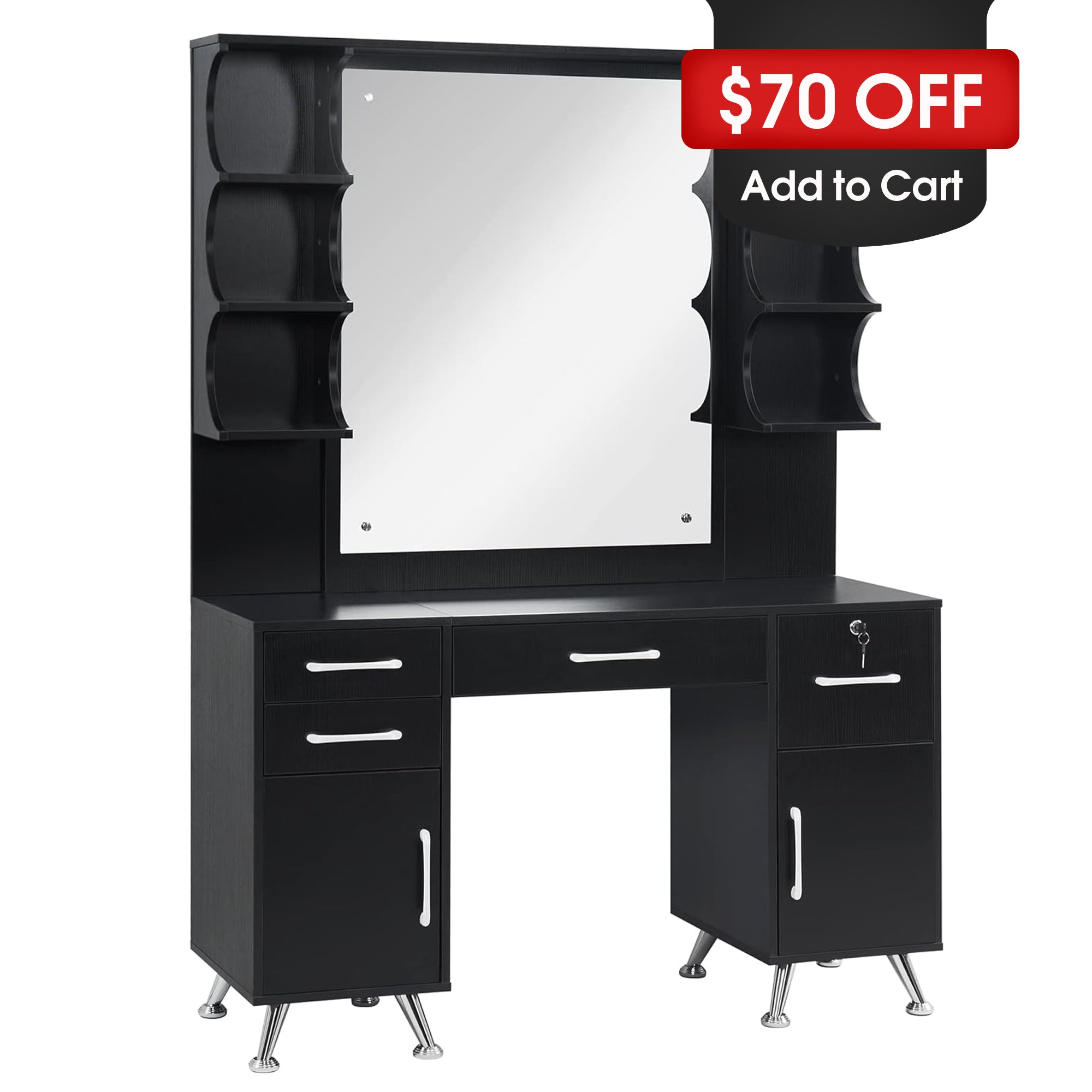 Beauty Barber Storage Station, Vanity Set with Mirror, Make up Table with Open Shelves 3143