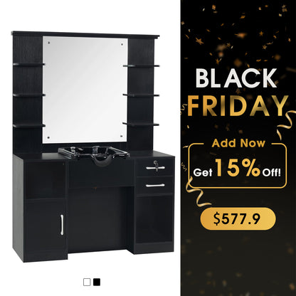 BarberPub Barber Wall Mount Station with Shampoo Bowl High-end Styling Furniture Set 3145