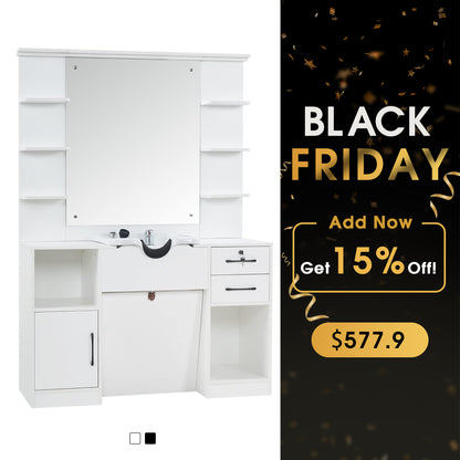 BarberPub Barber Wall Mount Station with Shampoo Bowl High-end Styling Furniture Set 3145