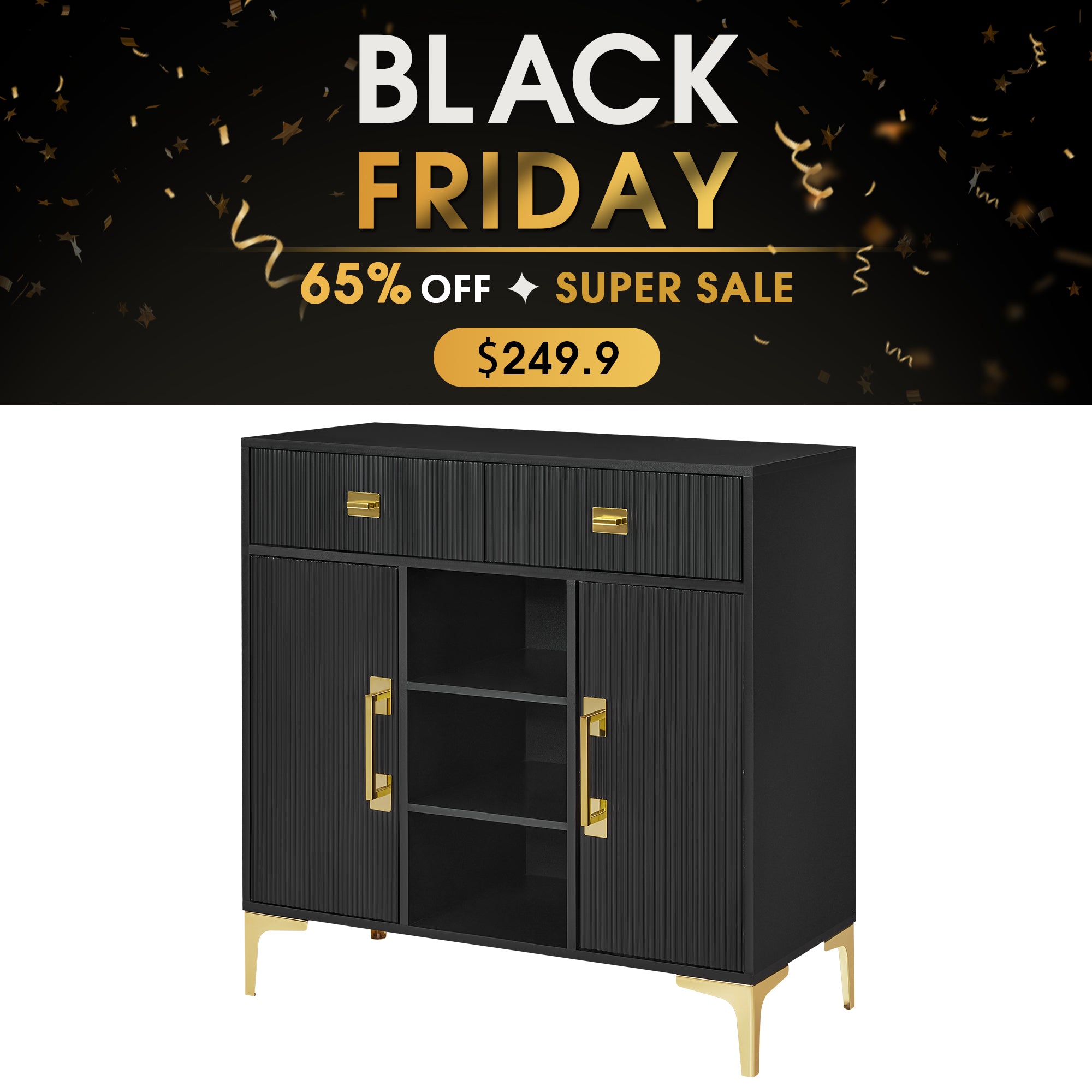 Black Fluted Freestanding Barber Station with Storage Drawers & Cabinet & Open Space 3161