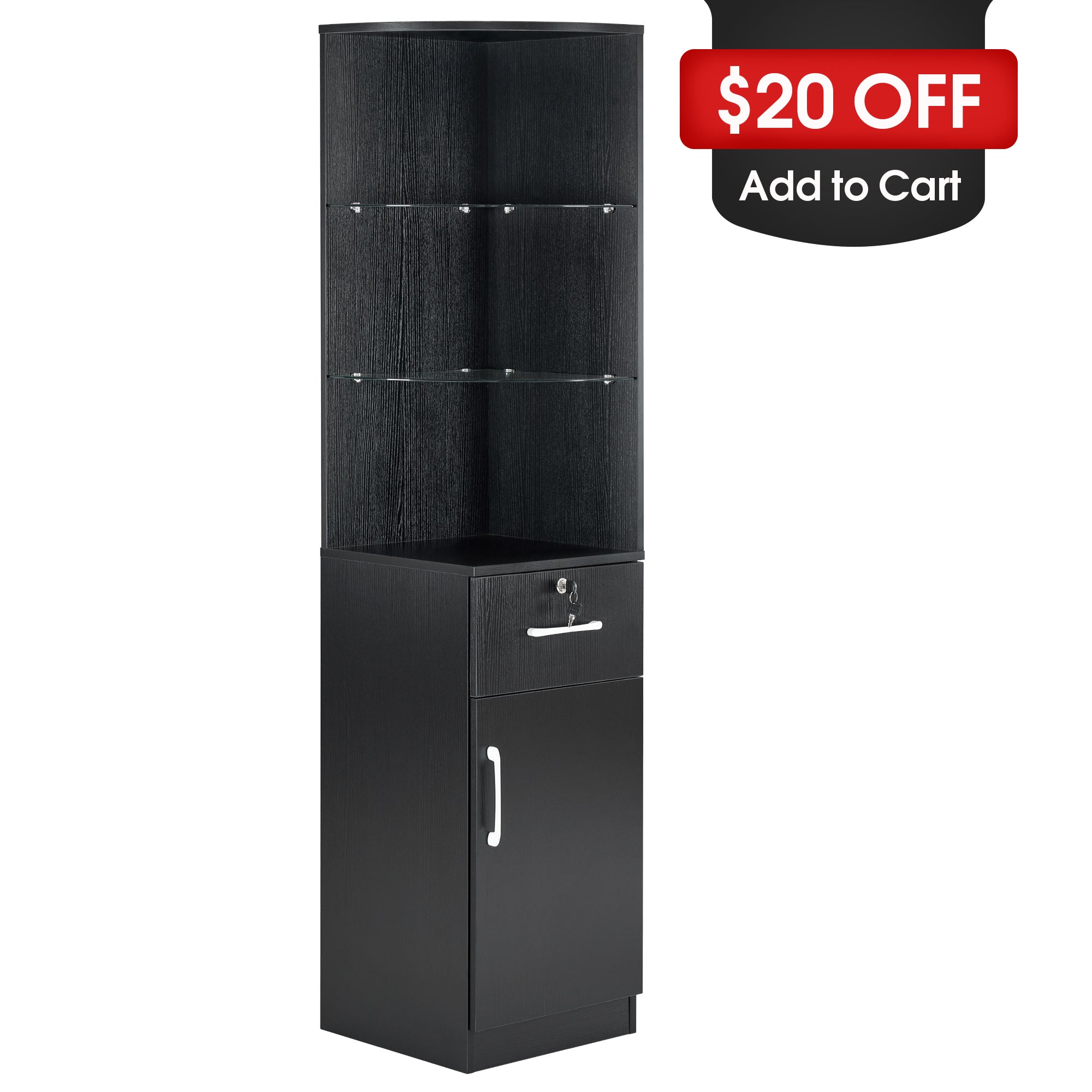 Salon Corner Station with Glass Shelves & Drawer, Barber Hair Styling Storage Cabinet 3200
