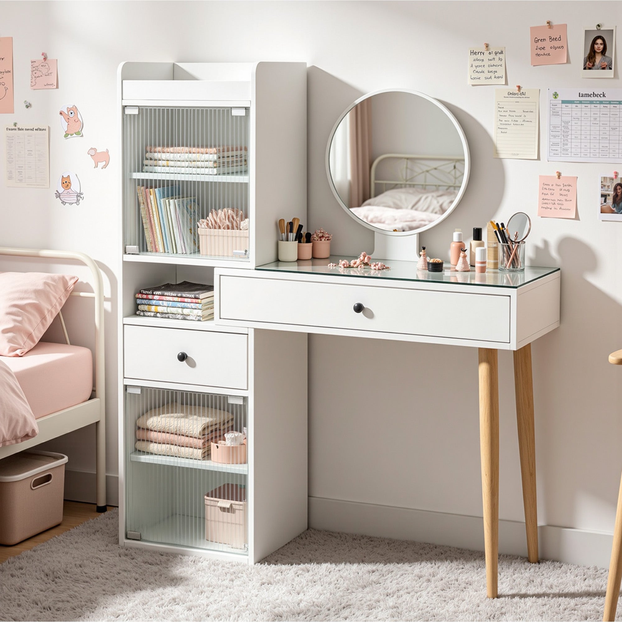 BarberPub White Vanity Desk with Mirror Dressing Table with Glass-Top Home Make-up Equipment 3375