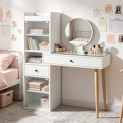 BarberPub White Vanity Desk with Mirror Dressing Table with Glass-Top Home Make-up Equipment 3375