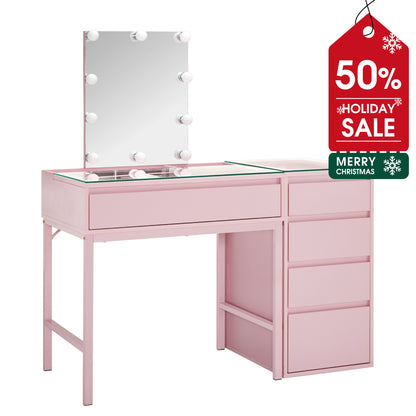 BarberPub Makeup Vanity Desk with Mirror&LED Lights, Glass Top Dressing Table with Jewelry Storage 3381