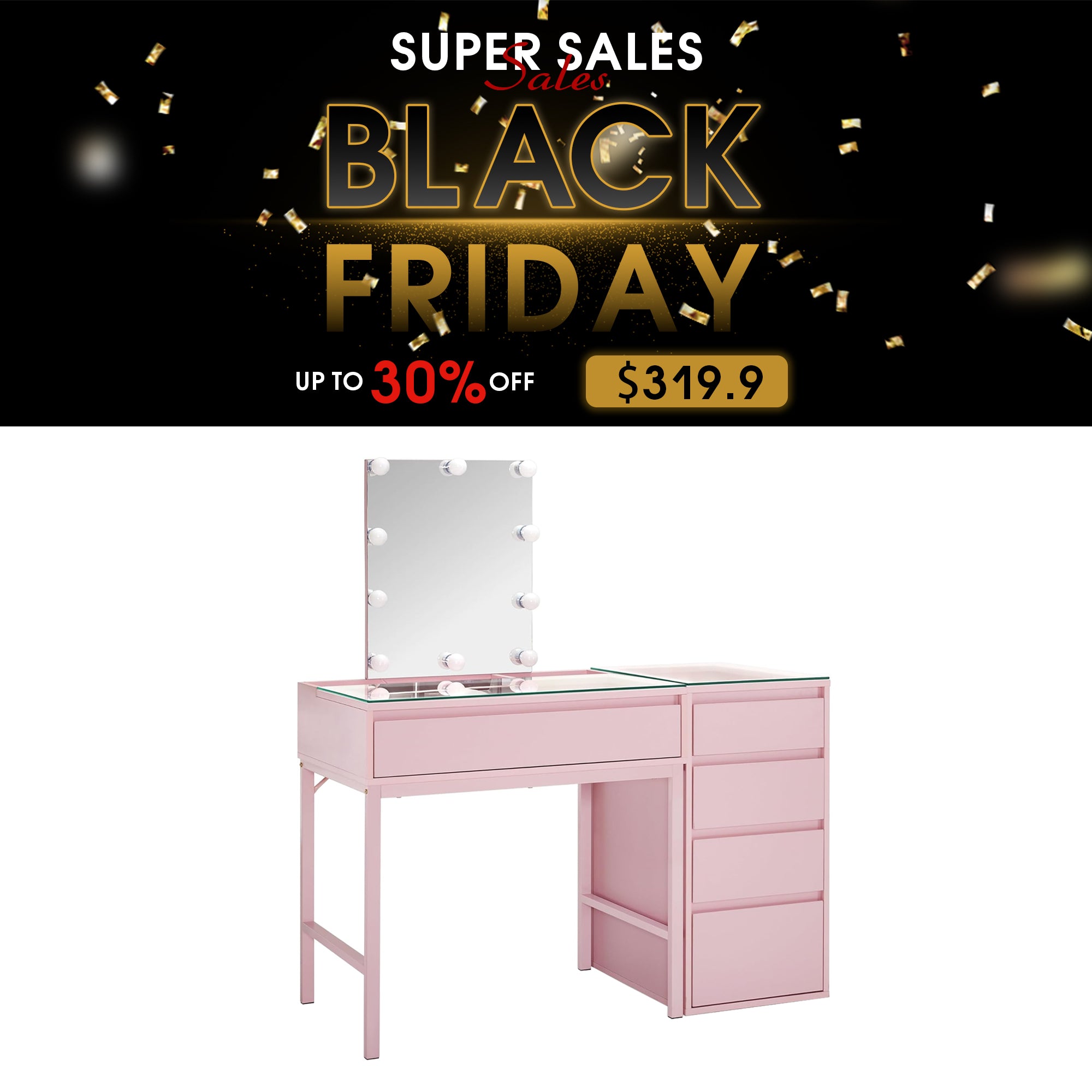 BarberPub Makeup Vanity Desk with Mirror&LED Lights, Glass Top Dressing Table with Jewelry Storage 3381