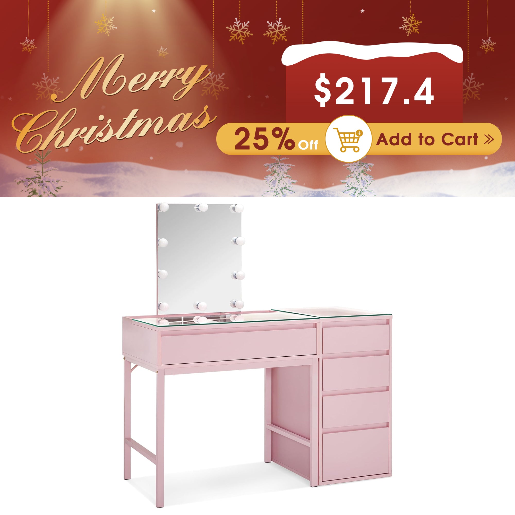BarberPub Makeup Vanity Desk with Mirror&LED Lights, Glass Top Dressing Table with Jewelry Storage 3381