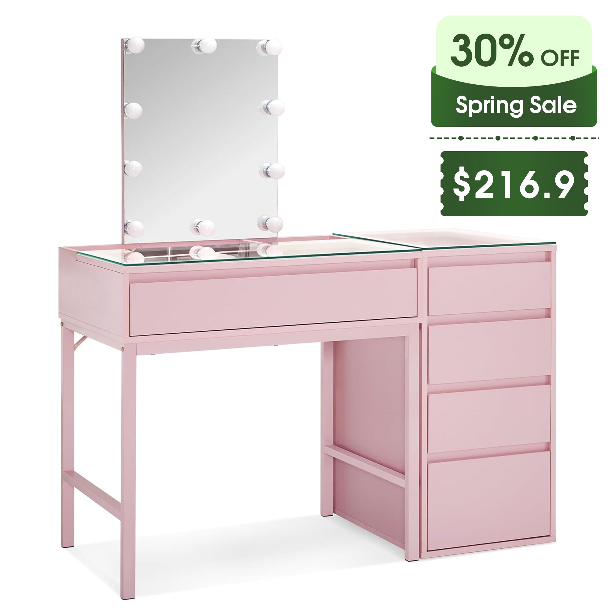 BarberPub Makeup Vanity Desk with Mirror&LED Lights, Glass Top Dressing Table with Jewelry Storage 3381