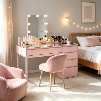 BarberPub Makeup Vanity Desk with Mirror&LED Lights, Glass Top Dressing Table with Jewelry Storage 3381