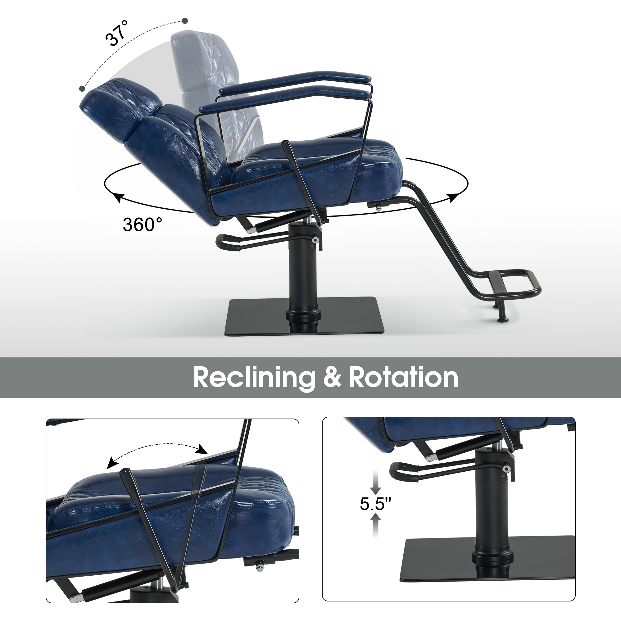 BarberPub Reclining Barber Chair, Blue Hydraulic Hair Stylist Salon Chair 3068