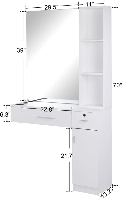 BarberPub Wall Mount Hair Styling Barber Station with Mirror Beauty Equipment 3026