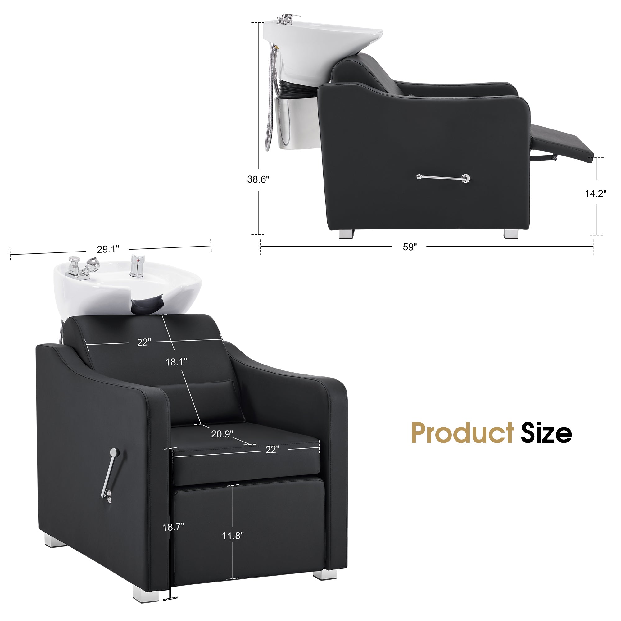 BarberPub Backwash Shampoo Station Chair, Ceramic Hair Wash Bowl for Salon 9364