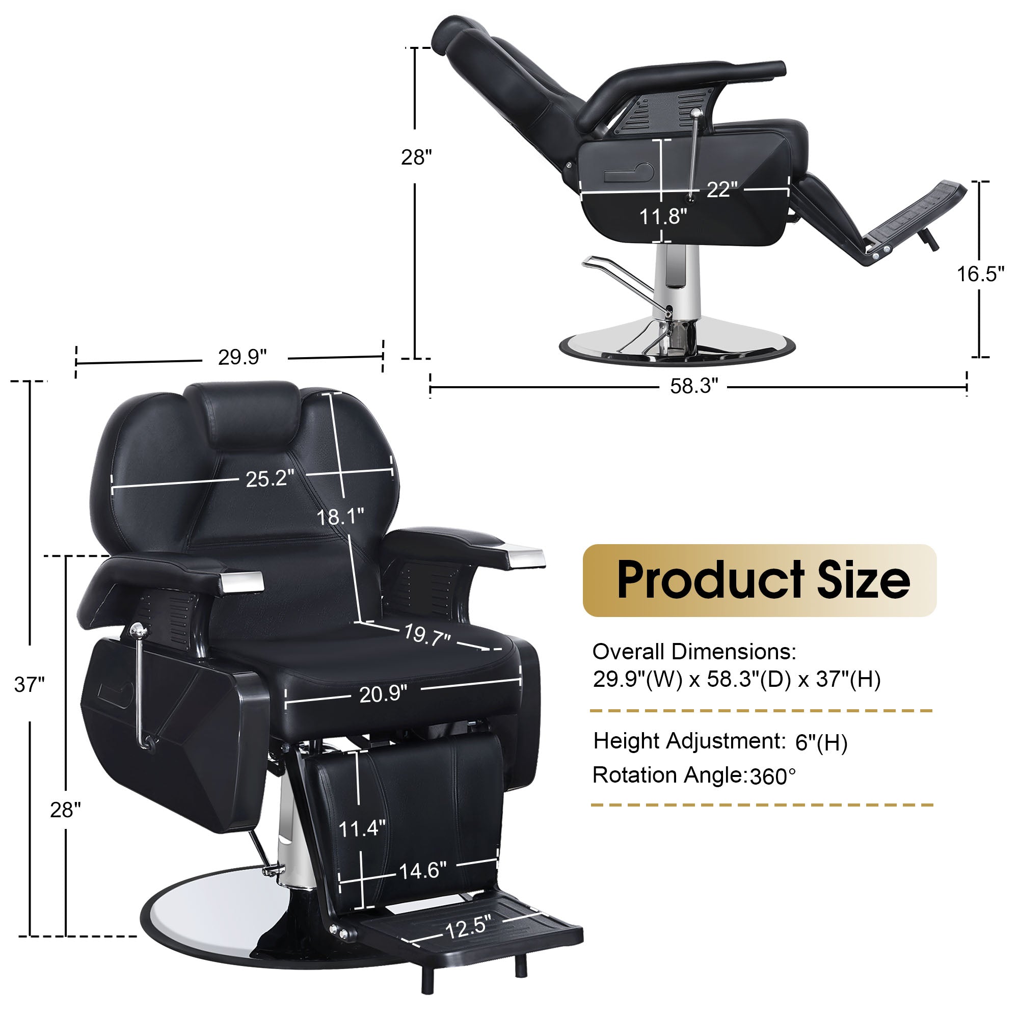 BarberPub Reclining Barber Chair, All Purpose Hydraulic Chair with Headrest 2688