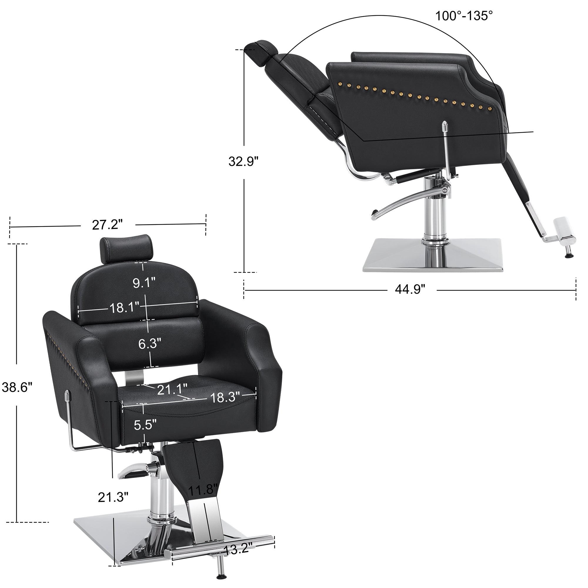 BarberPub Barber Chair with Headrest, Reclining Salon Chairs for Hair