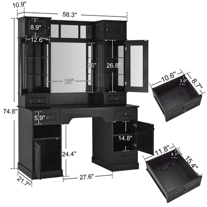 Black Vintage Barber Station for Storage, Classic Salon Workstation with Integrated Mirror 3149
