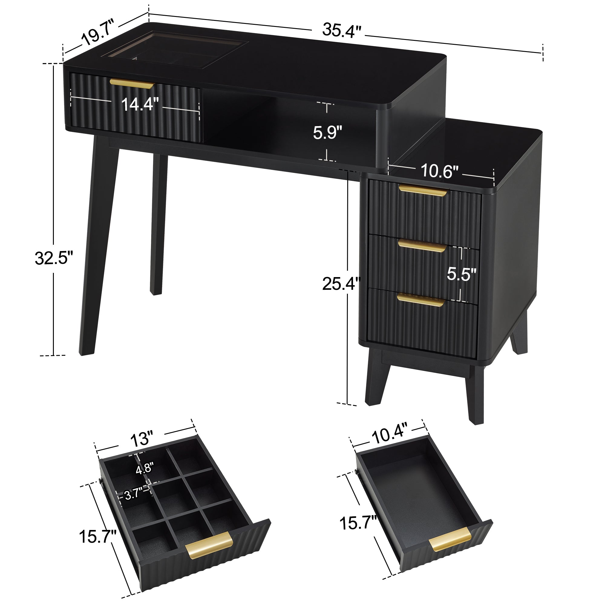 BarberPub Professional Manicure Table, High Gloss Nail Desk with Glass Display & Storage Drawers 2899