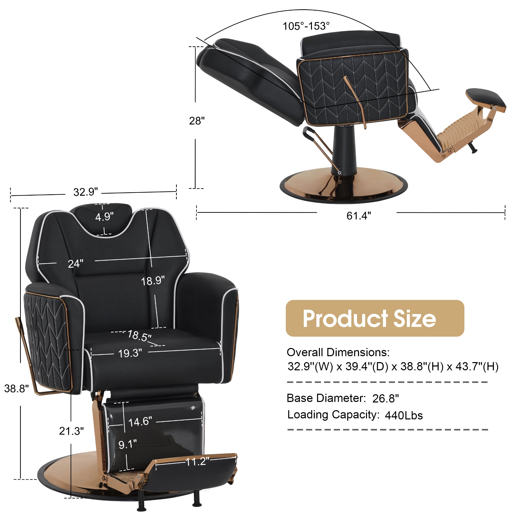 BarberPub Classic Barber Chair, Dual Hand Levers for Left-handed Users, Reclining Salon Chair, 9274