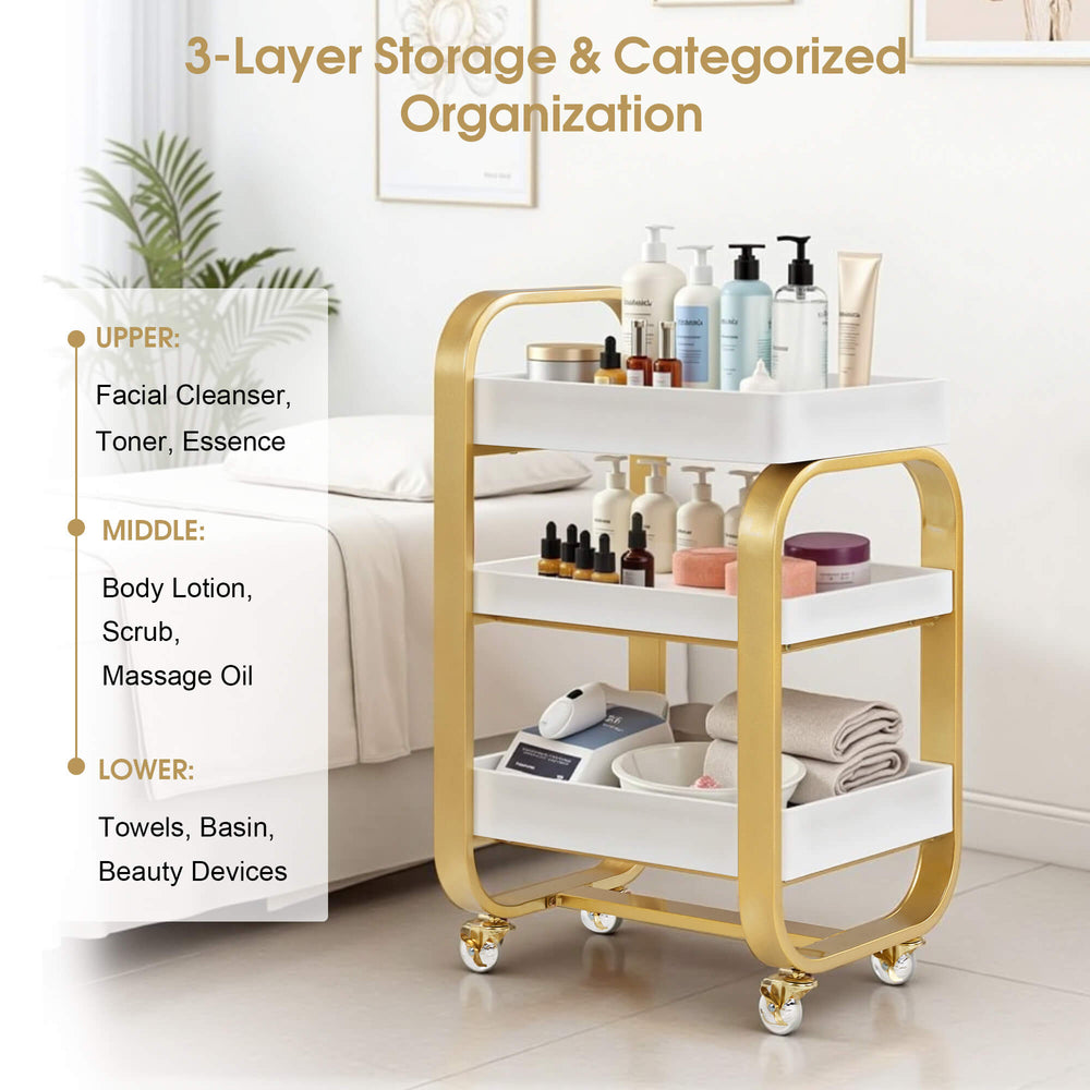 3-Tier Modern Salon Rolling Trolley with Metal Frame, Barber Storage C ...