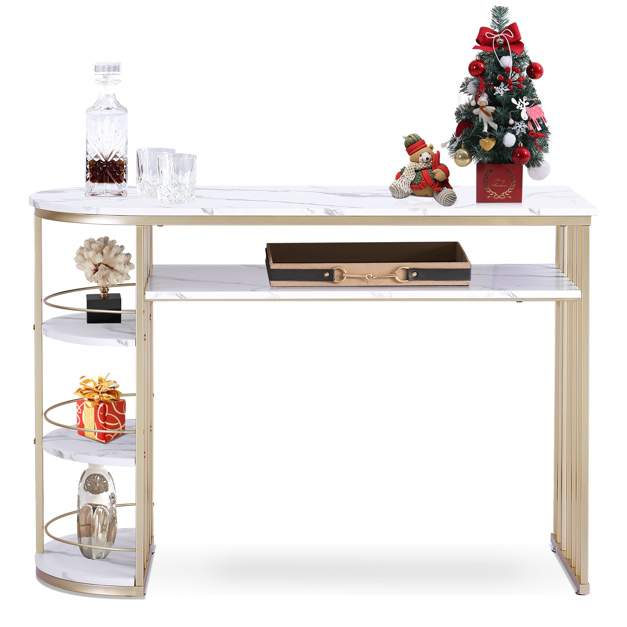 BarberPub Modern Gold Nail Desk with Storage and Faux Marble Veneer - Ideal Manicure Table 2256