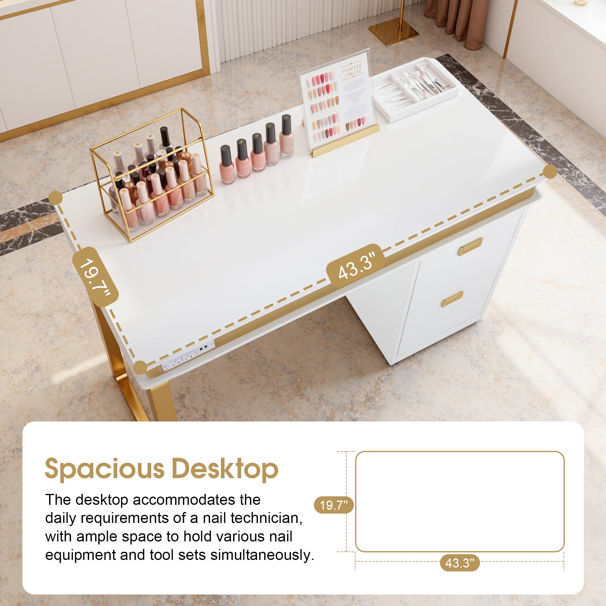 Modern White & Gold Manicure Table with Outlets, Beauty Nail Desk with Big Drawers for Storage 2626