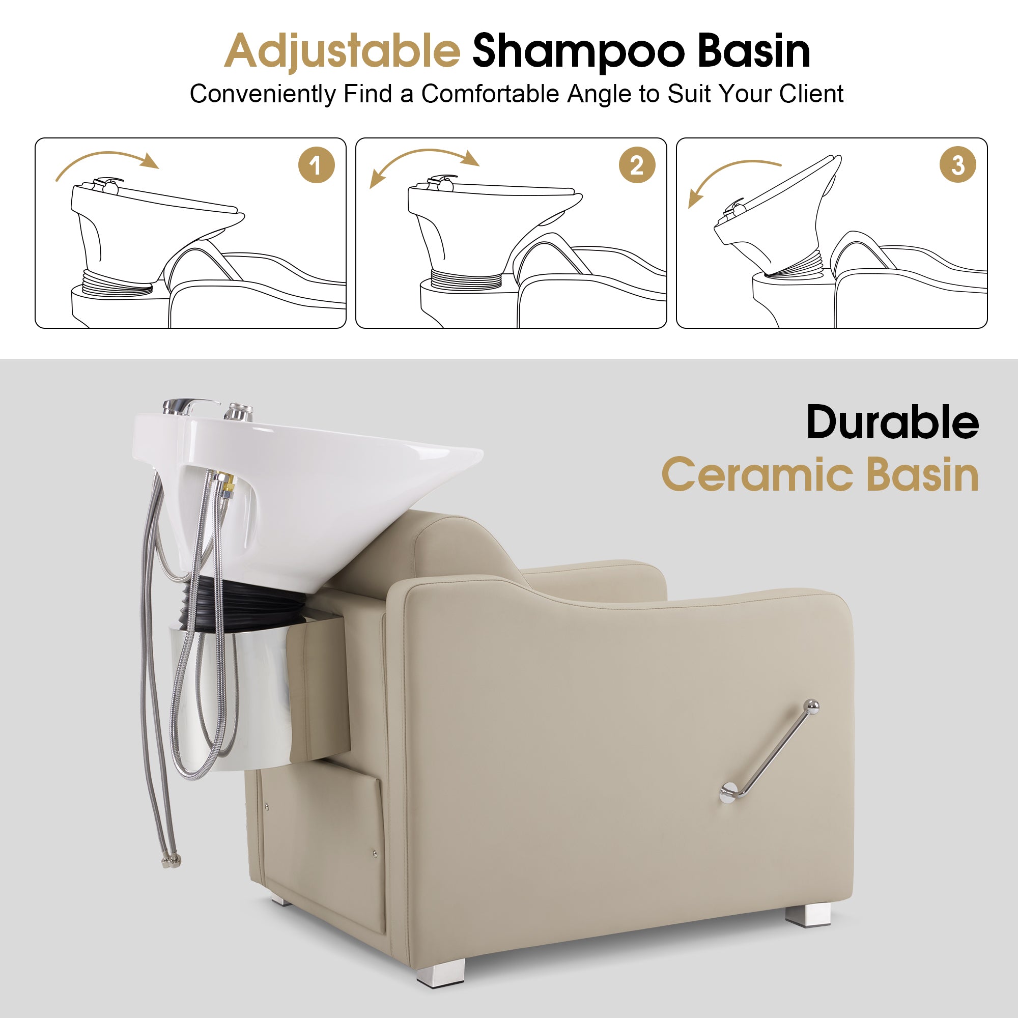 BarberPub Backwash Shampoo Station Chair, Ceramic Hair Wash Bowl for Salon 9364