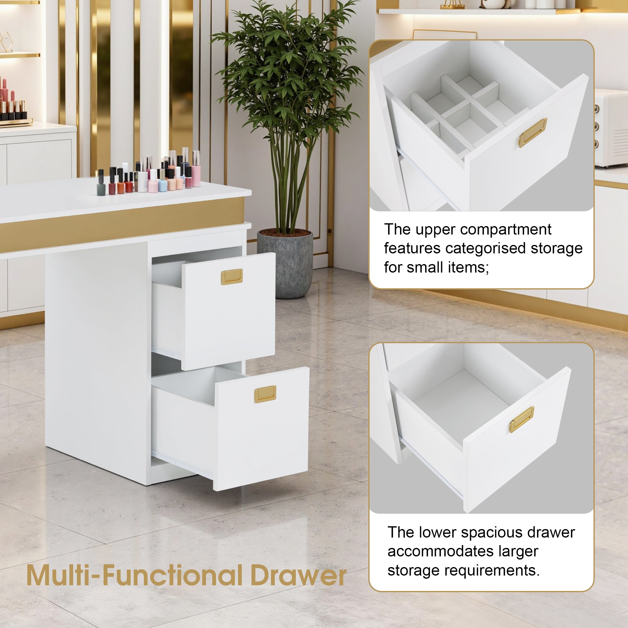 Modern White & Gold Manicure Table with Outlets, Beauty Nail Desk with Big Drawers for Storage 2626