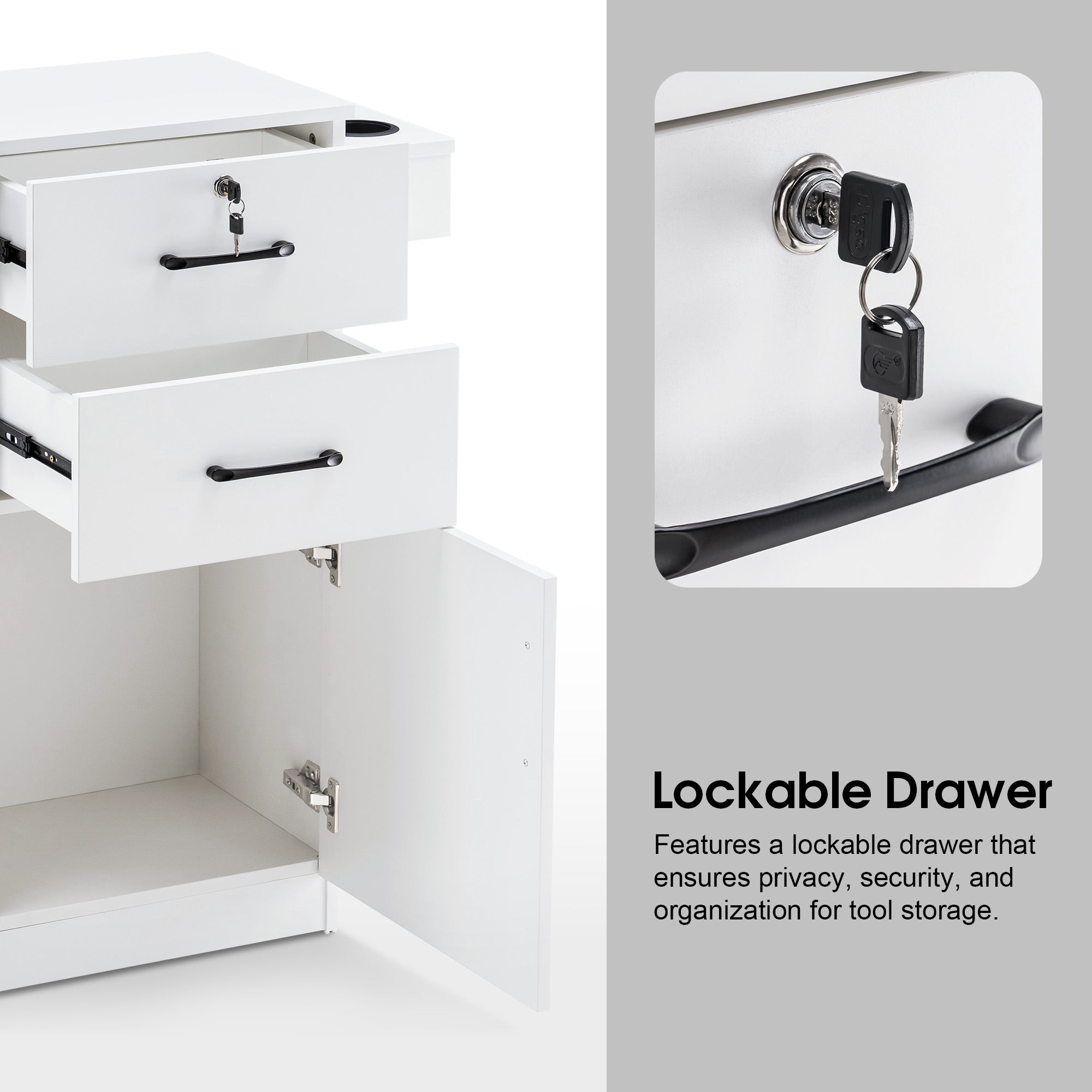 Modern Salon Station with Lockable Drawer & Cabinet, Storage Barber Cabinet for Hair Salon 2021