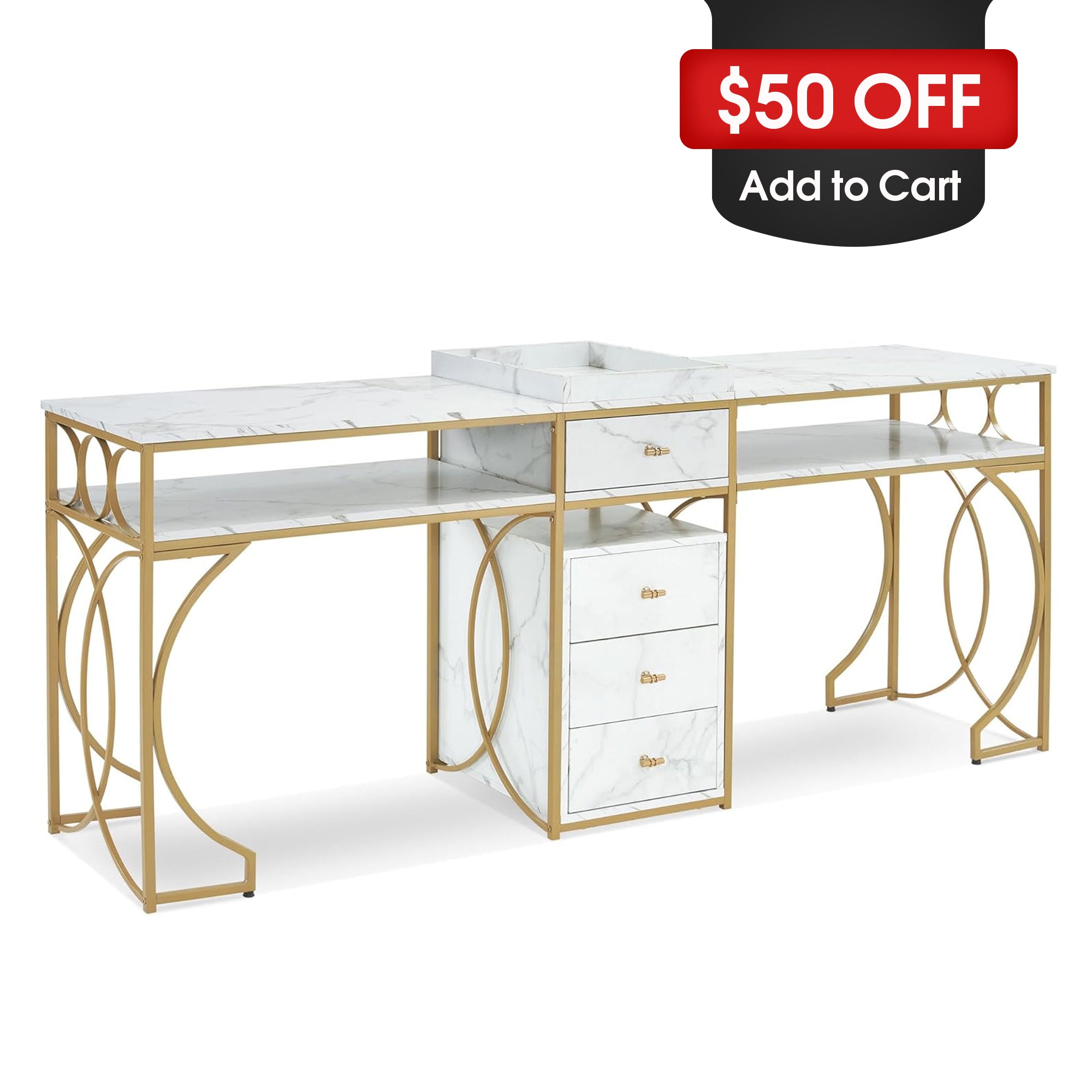 Marbling Textured Double Manicure Table, Long Nail Workstation for 2 person 2488