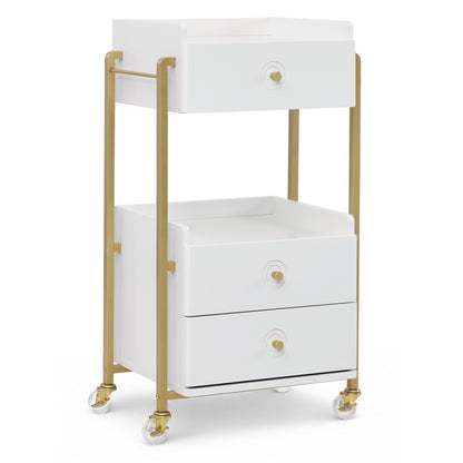 BarberPub Storage Salon Trolley Cart with Lockable Wheels,Rolling Cart | Salon Cart with 3 Drawers & Lockable Wheels, Beauty Spa Styling Tools Organizer, White‑Gold Rolling Cart for Salon Hairstylist 2055