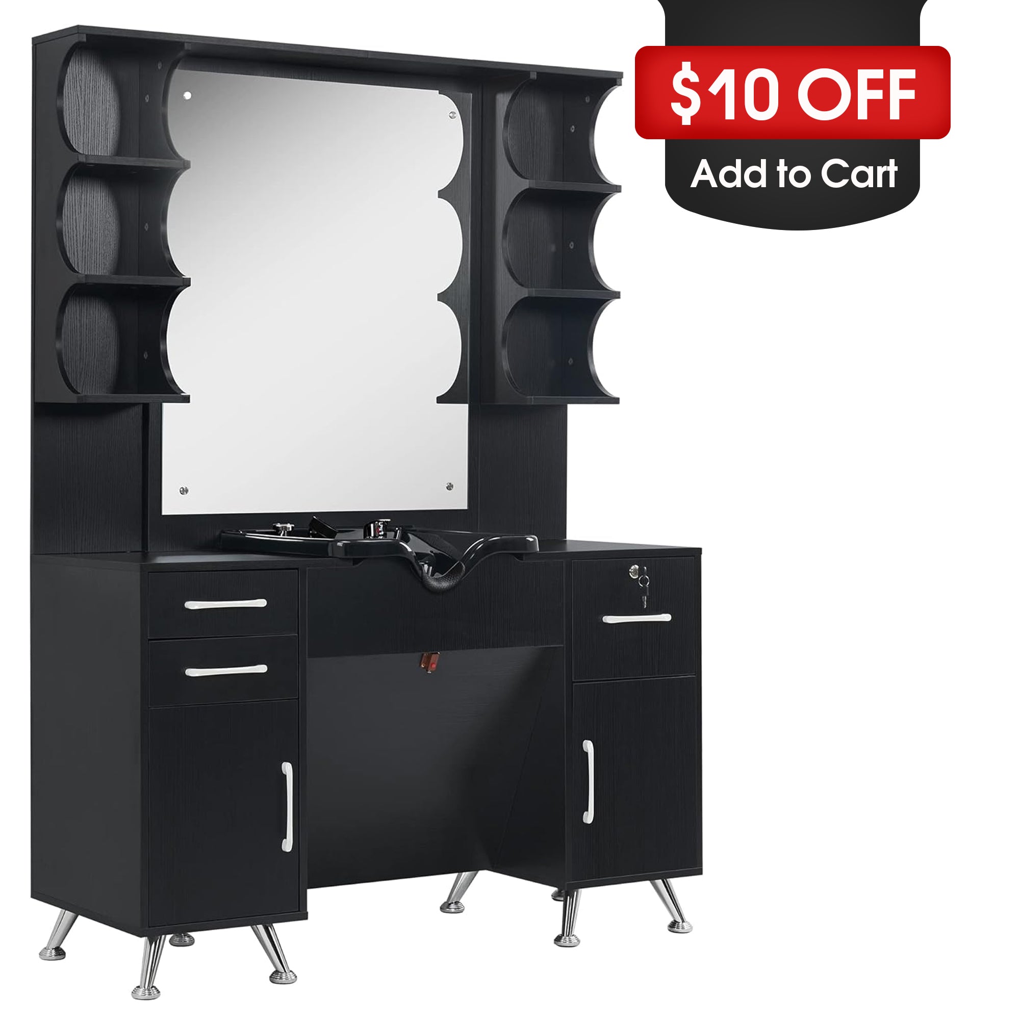 Modern Backwash Shampoo Station with Mirror, Barber Wall Mount Storage Equipment with Open Shelves 3141