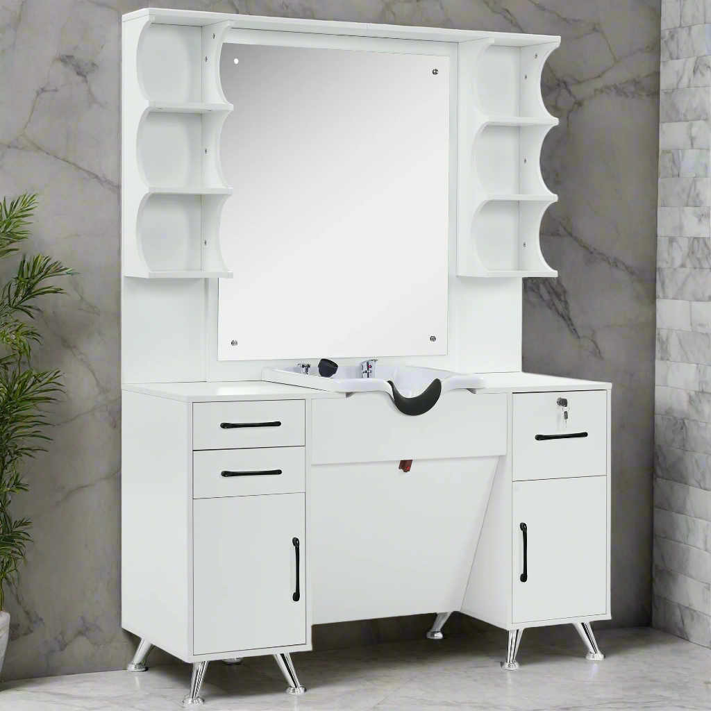 BarberPub Backwash Shampoo Bowl Cabinet, Barber Wall Mount Station with Mirror 3141