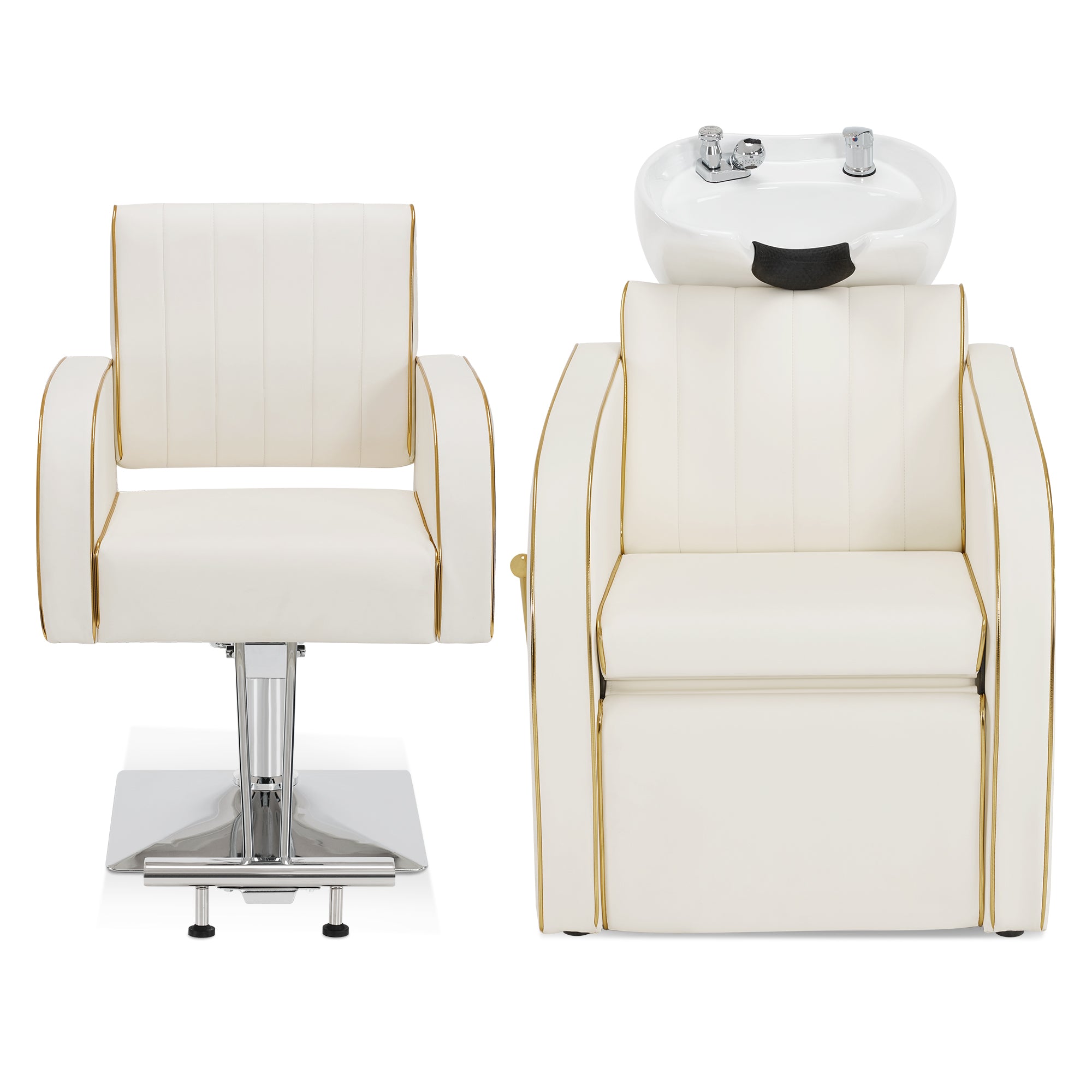 Salon & Barber Styling Chair 8885 with Hydraulic Base and Backwash Shampoo Chair 9175 with Adjustable Porcelain Bowl – Complete Professional Salon Set for Spas and Stylists