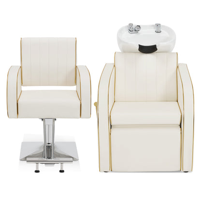 Salon & Barber Styling Chair 8885 with Hydraulic Base and Backwash Shampoo Chair 9175 with Adjustable Porcelain Bowl – Complete Professional Salon Set for Spas and Stylists