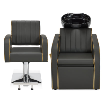 Salon & Barber Styling Chair 8885 with Hydraulic Base and Backwash Shampoo Chair 9175 with Adjustable Porcelain Bowl – Complete Professional Salon Set for Spas and Stylists