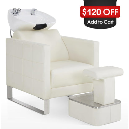 BarberPub Shampoo Station Chair,Backwash Ceramic Bowl and Hair Stylist Chair Set for Salon 9093