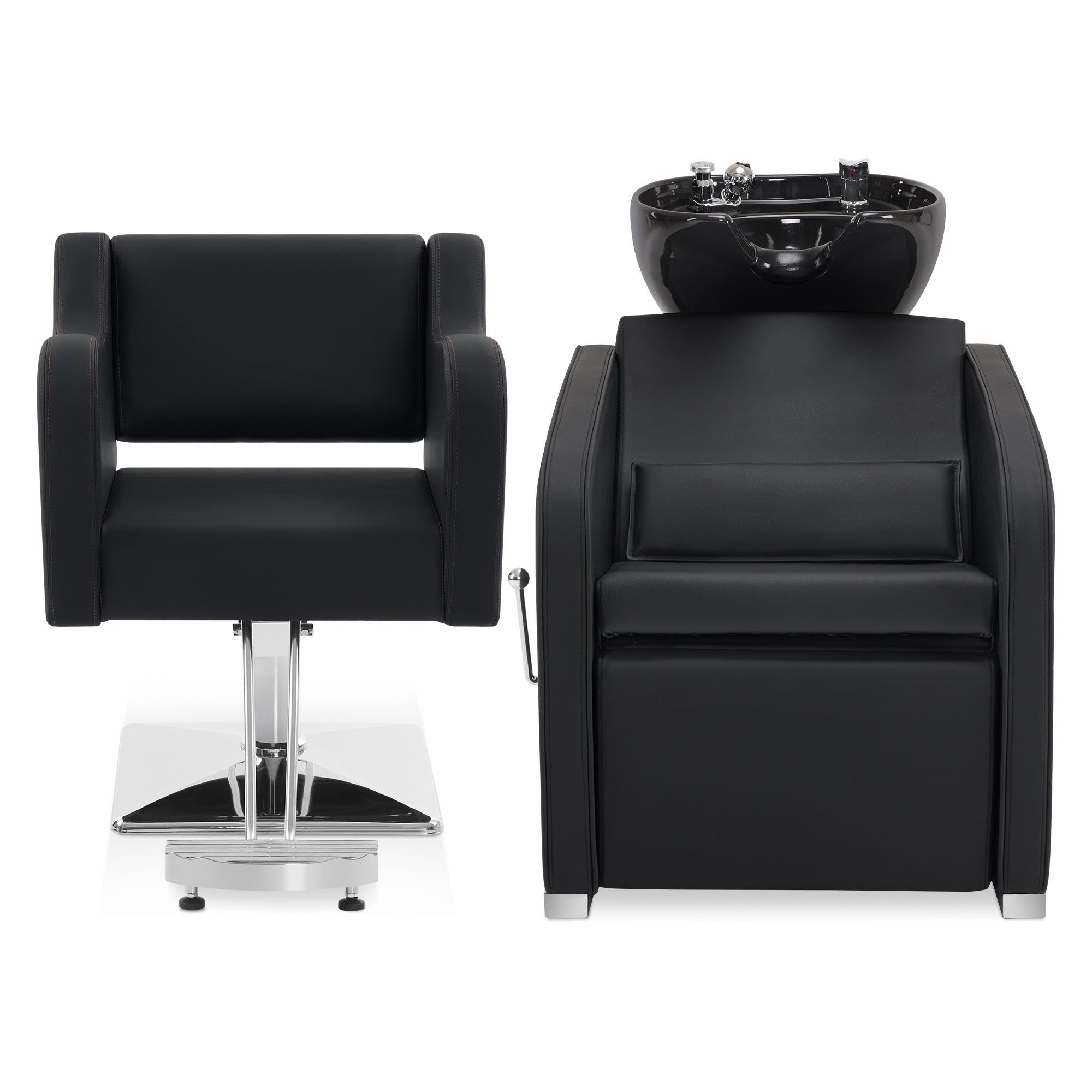 BarberPub Salon Chair 3802 & Backwash Shampoo Chair 9370 Set – Brown Hydraulic Barber Styling Chair with Ceramic Hair Wash Bowl