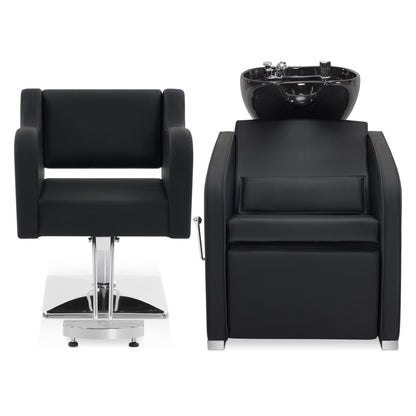 BarberPub Salon Chair 3802 & Backwash Shampoo Chair 9370 Set – Brown Hydraulic Barber Styling Chair with Ceramic Hair Wash Bowl