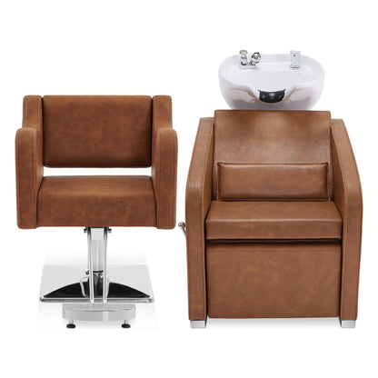 BarberPub Salon Chair 3802 & Backwash Shampoo Chair 9370 Set – Brown Hydraulic Barber Styling Chair with Ceramic Hair Wash Bowl