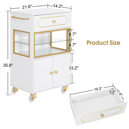 BarberPub Salon Trolley Cart with Drawer & Lockable Wheels 2077   | Premium White & Gold Salon Cart with Ample Multi-Drawer Storage, Spa Professional Cart with Storage Cabinet & Shelf