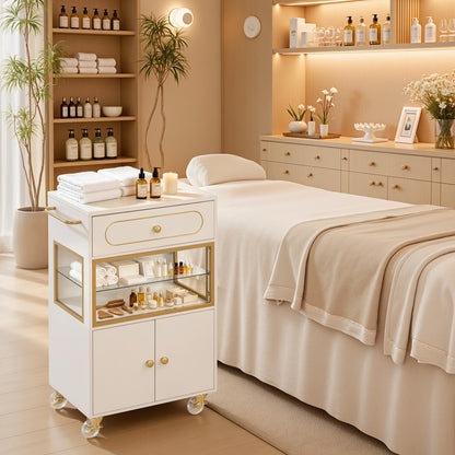BarberPub Salon Trolley Cart with Drawer & Lockable Wheels 2077   | Premium White & Gold Salon Cart with Ample Multi-Drawer Storage, Spa Professional Cart with Storage Cabinet & Shelf