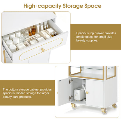 BarberPub Salon Trolley Cart with Drawer & Lockable Wheels 2077   | Premium White & Gold Salon Cart with Ample Multi-Drawer Storage, Spa Professional Cart with Storage Cabinet & Shelf