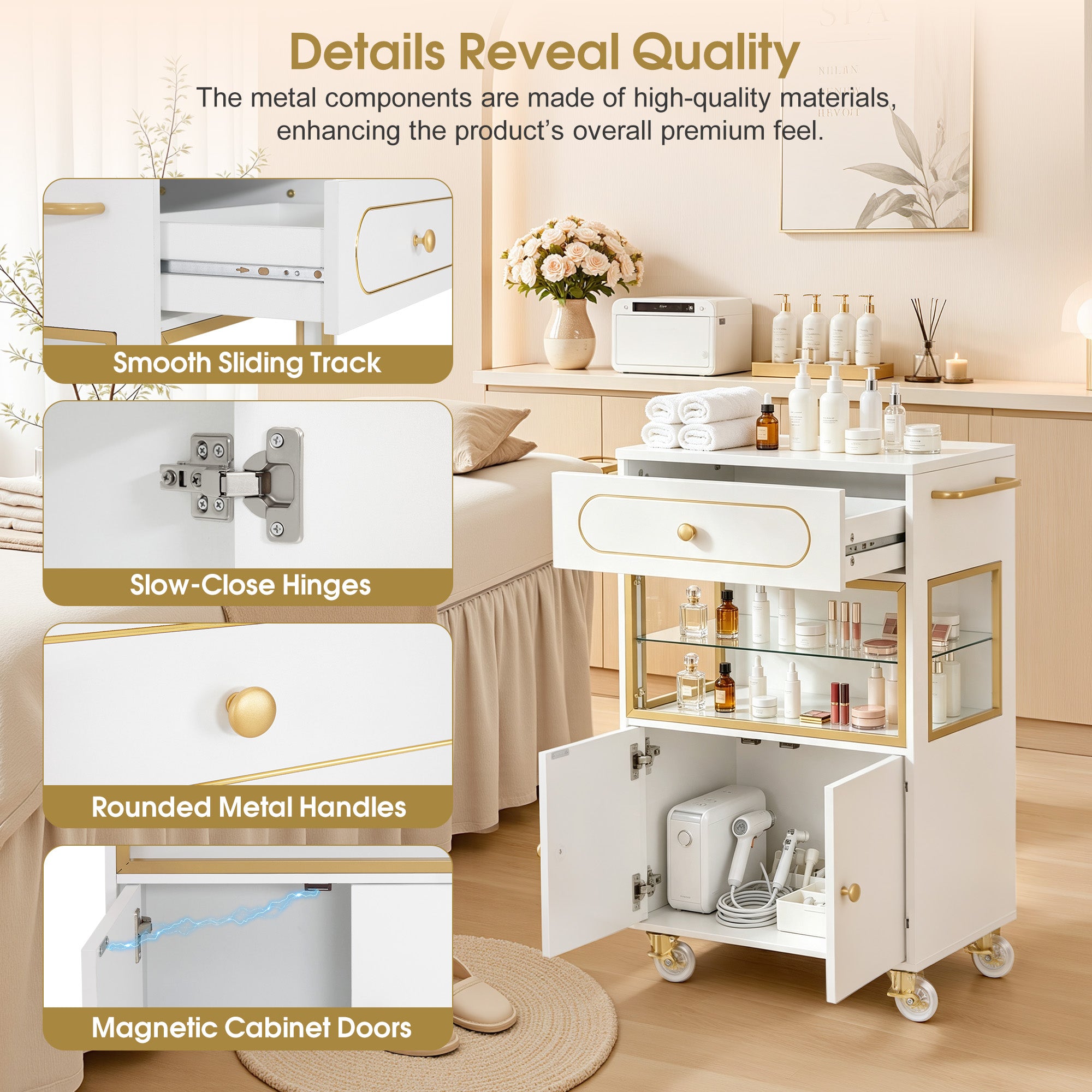 BarberPub Salon Trolley Cart with Drawer & Lockable Wheels 2077   | Premium White & Gold Salon Cart with Ample Multi-Drawer Storage, Spa Professional Cart with Storage Cabinet & Shelf