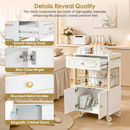 BarberPub Salon Trolley Cart with Drawer & Lockable Wheels 2077   | Premium White & Gold Salon Cart with Ample Multi-Drawer Storage, Spa Professional Cart with Storage Cabinet & Shelf