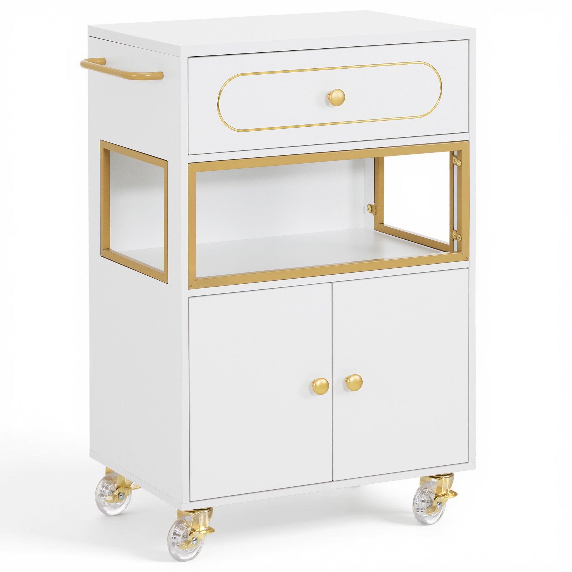 BarberPub Salon Trolley Cart with Drawer & Lockable Wheels 2077   | Premium White & Gold Salon Cart with Ample Multi-Drawer Storage, Spa Professional Cart with Storage Cabinet & Shelf