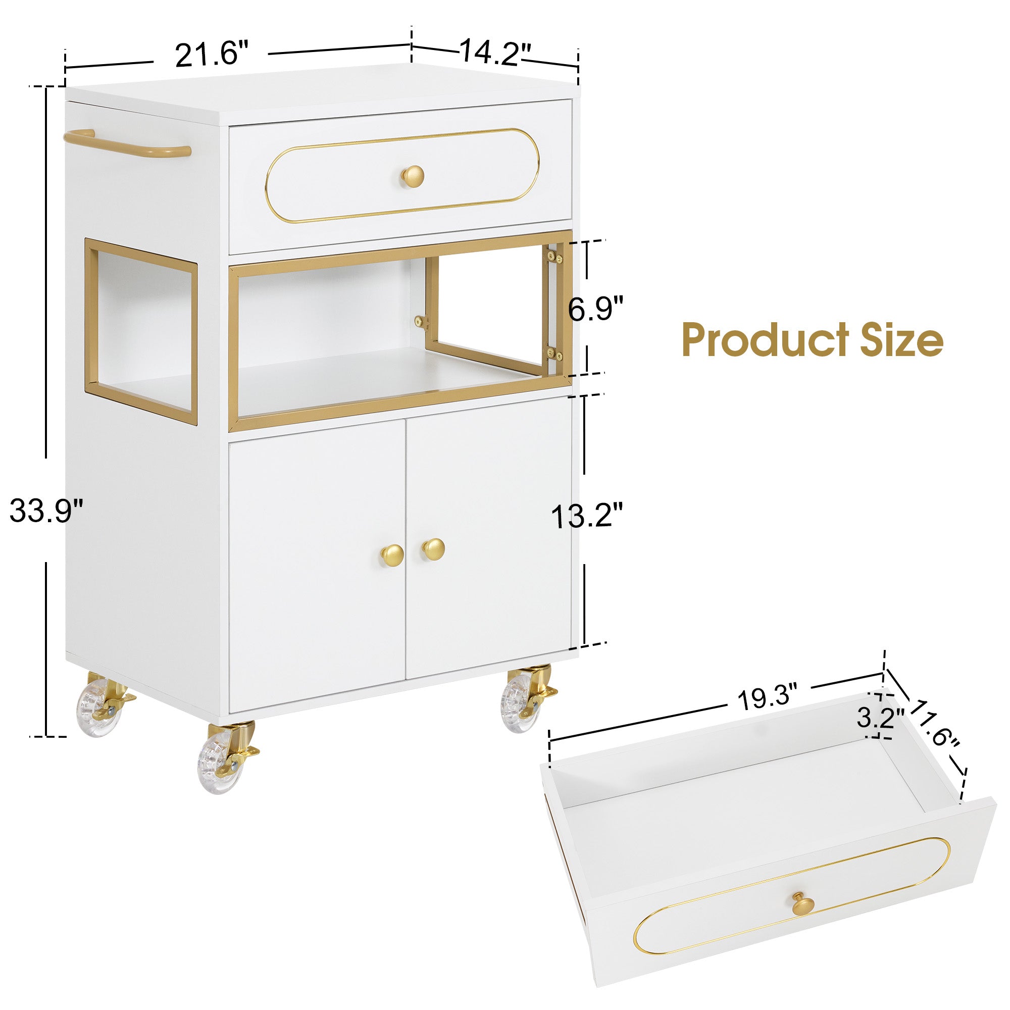 BarberPub Salon Trolley Cart with Drawer & Lockable Wheels 2077   | Premium White & Gold Salon Cart with Ample Multi-Drawer Storage, Spa Professional Cart with Storage Cabinet & Shelf