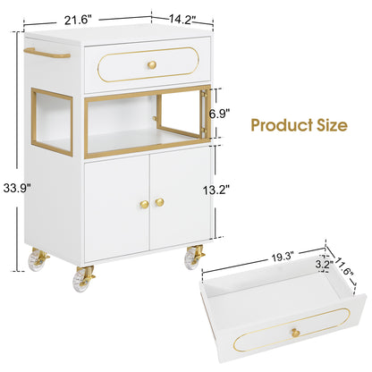 BarberPub Salon Trolley Cart with Drawer & Lockable Wheels 2077   | Premium White & Gold Salon Cart with Ample Multi-Drawer Storage, Spa Professional Cart with Storage Cabinet & Shelf