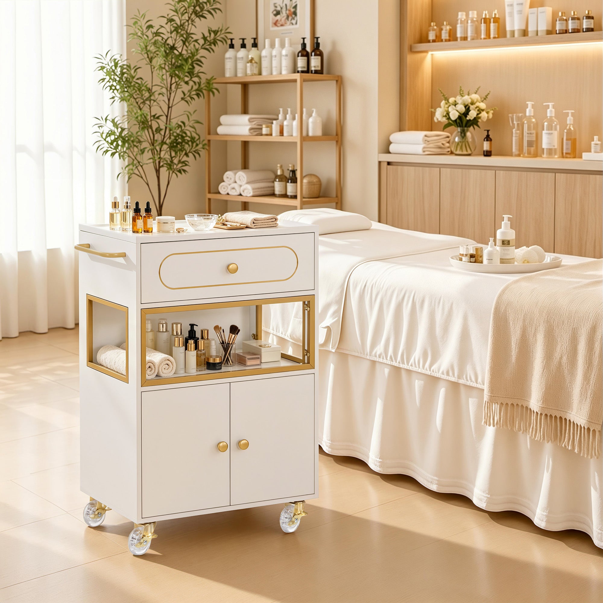 BarberPub Salon Trolley Cart with Drawer & Lockable Wheels 2077   | Premium White & Gold Salon Cart with Ample Multi-Drawer Storage, Spa Professional Cart with Storage Cabinet & Shelf