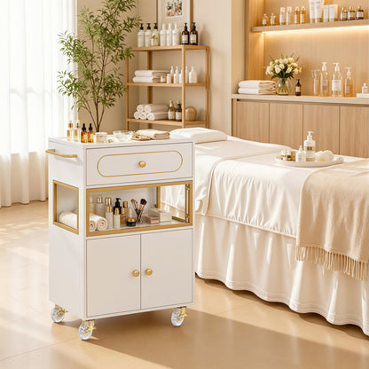 BarberPub Salon Trolley Cart with Drawer & Lockable Wheels 2077   | Premium White & Gold Salon Cart with Ample Multi-Drawer Storage, Spa Professional Cart with Storage Cabinet & Shelf