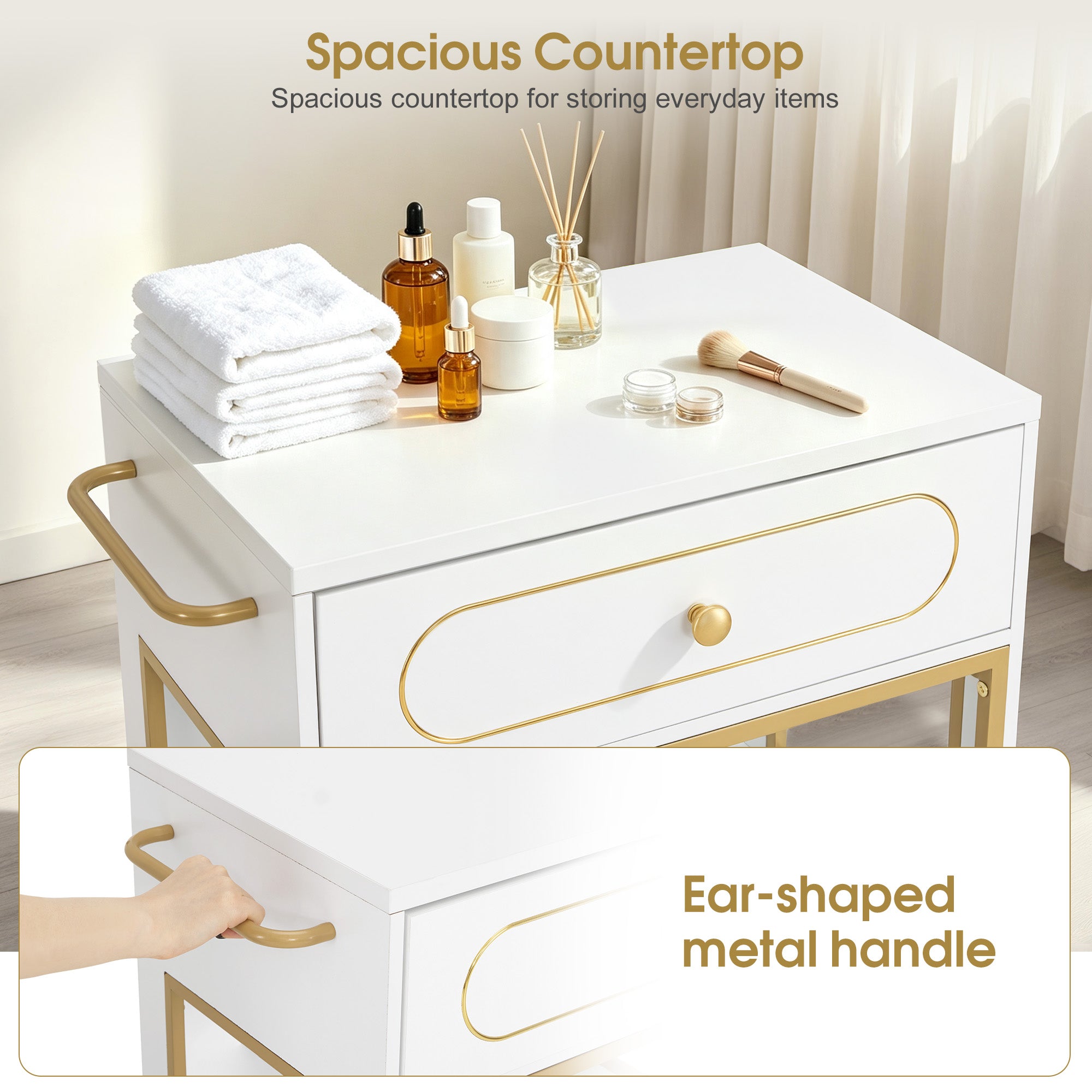 BarberPub Salon Trolley Cart with Drawer & Lockable Wheels 2077   | Premium White & Gold Salon Cart with Ample Multi-Drawer Storage, Spa Professional Cart with Storage Cabinet & Shelf
